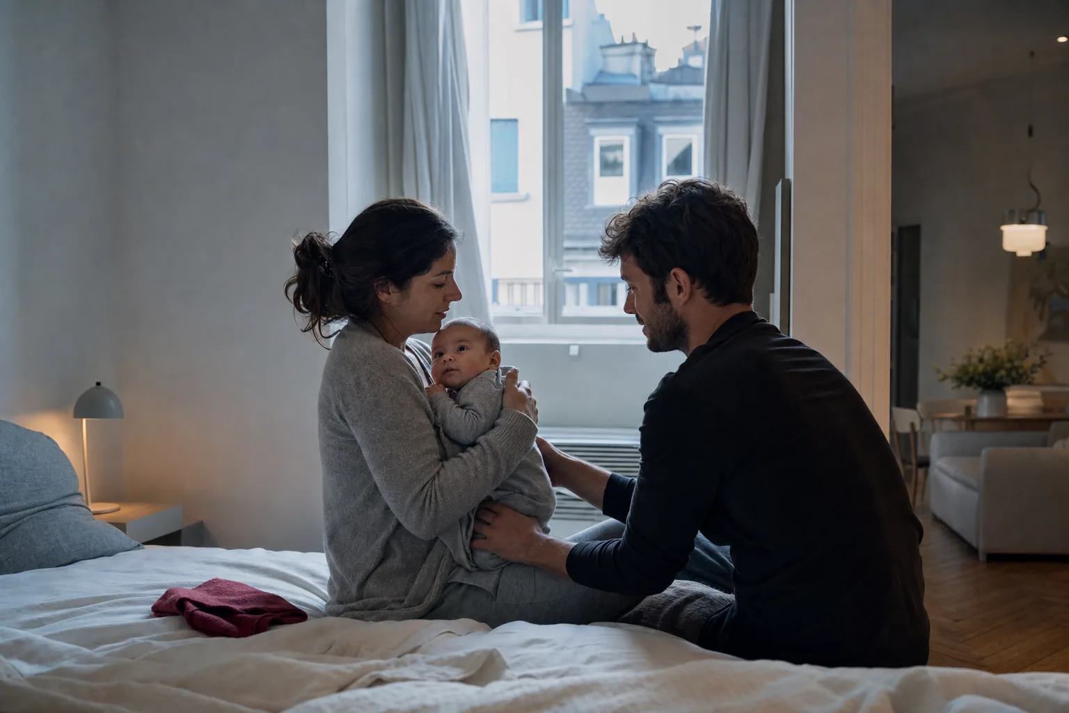 Deux parents se relaient auprès de leur bébé au début de la journée.