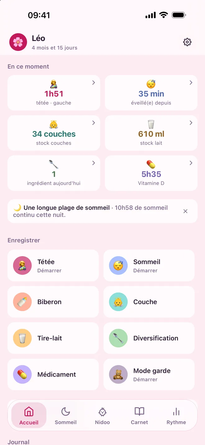 Accueil de PetitNid : dernière tétée, temps d’éveil, stocks de couches et de lait, et les boutons pour démarrer une tétée ou un sommeil.