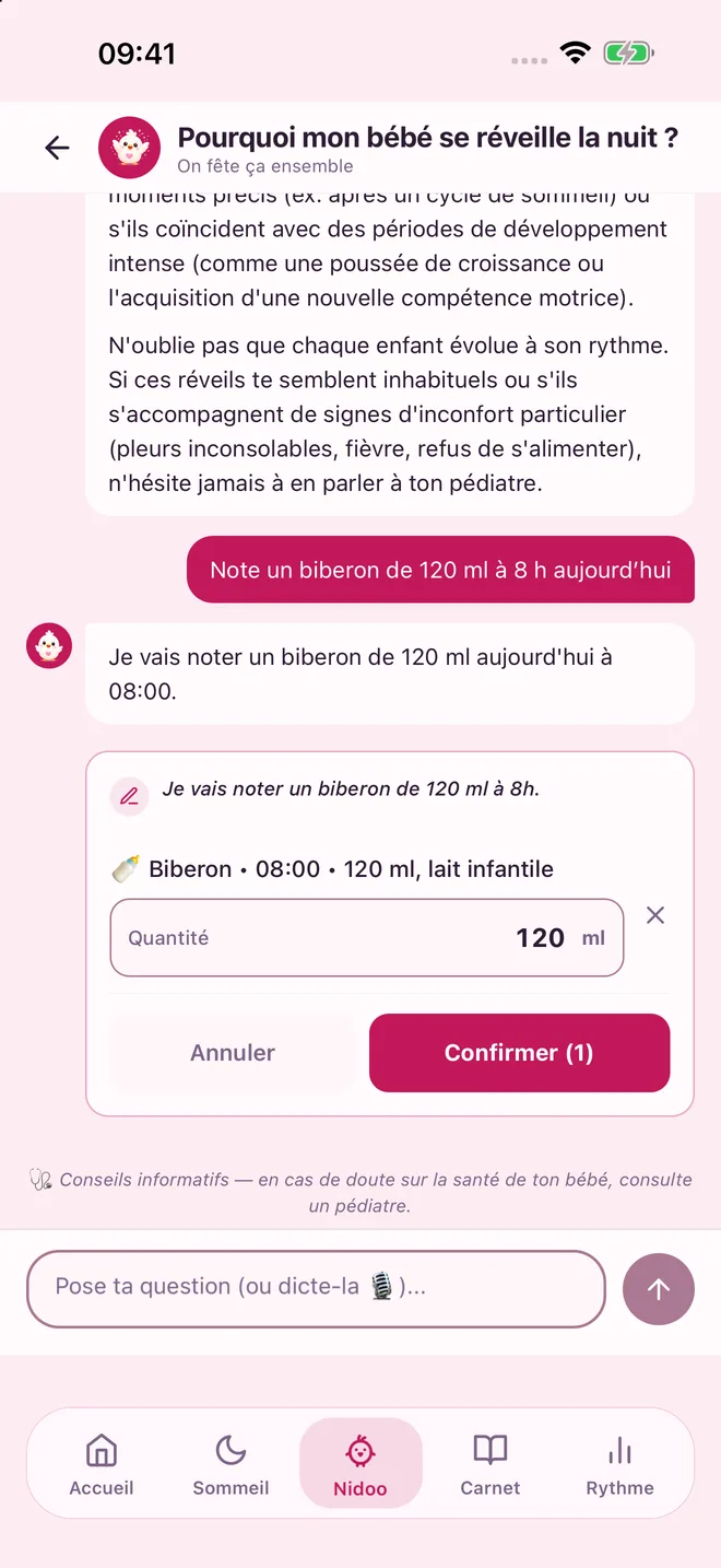Nidoo propose d’ajouter un biberon de 120 ml à 8 h ; le parent confirme ou annule.