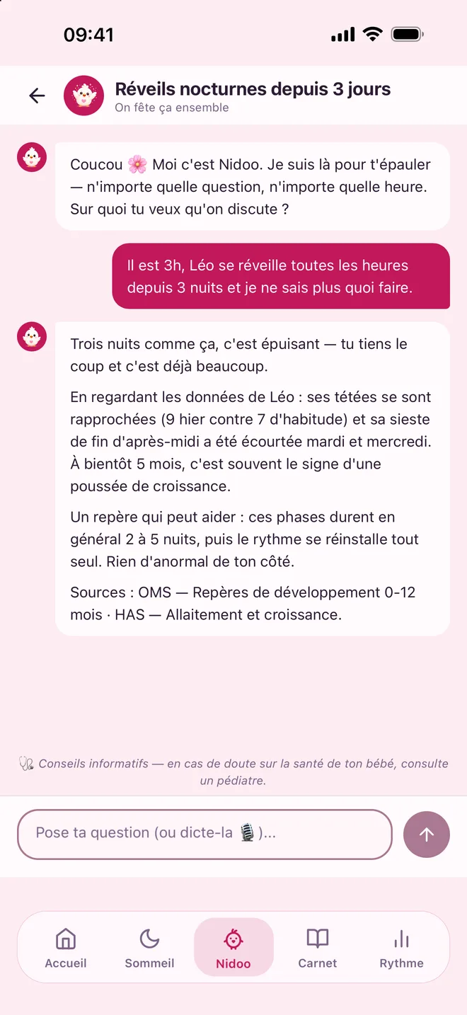 Conversation avec Nidoo : il s’appuie sur les tétées et siestes de Léo et cite ses sources.