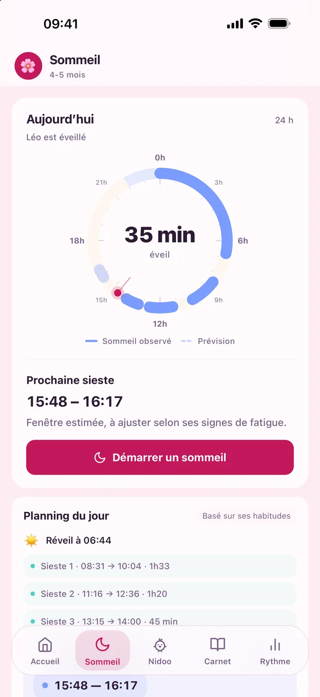 Écran Sommeil de PetitNid : la journée sur un cadran de 24 heures et la prochaine sieste estimée de 15 h 48 à 16 h 17.