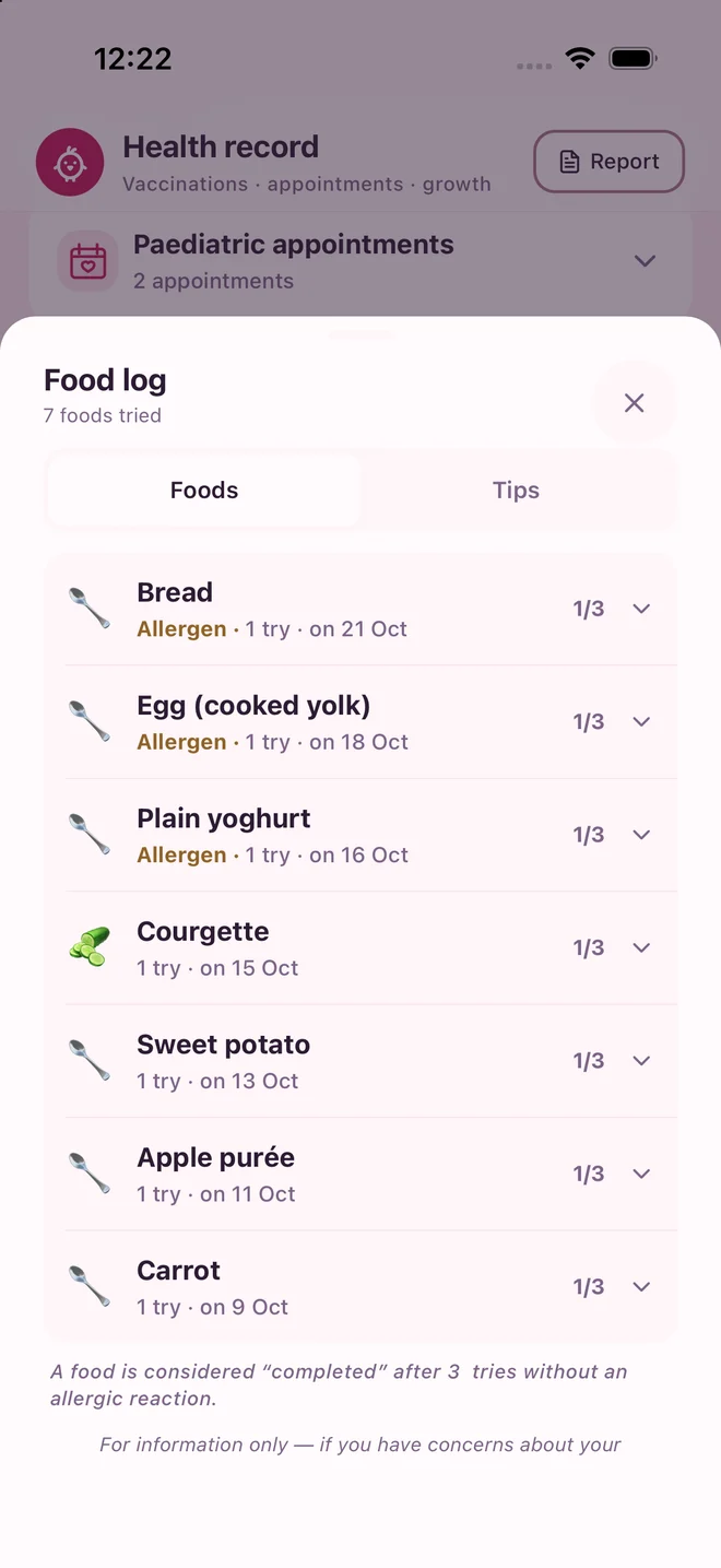 PetitNid health record: first foods and allergen tracking.