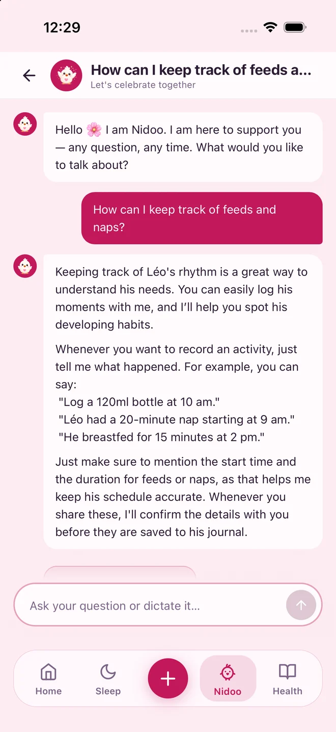 A conversation with Nidoo about logging feeds and naps.