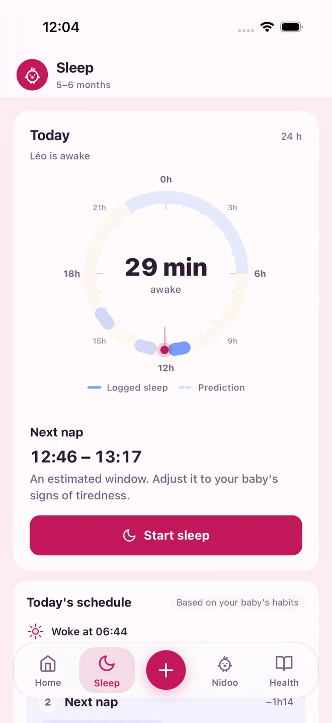 PetitNid Sleep screen: the day on a 24-hour clock and an estimate for the next nap.