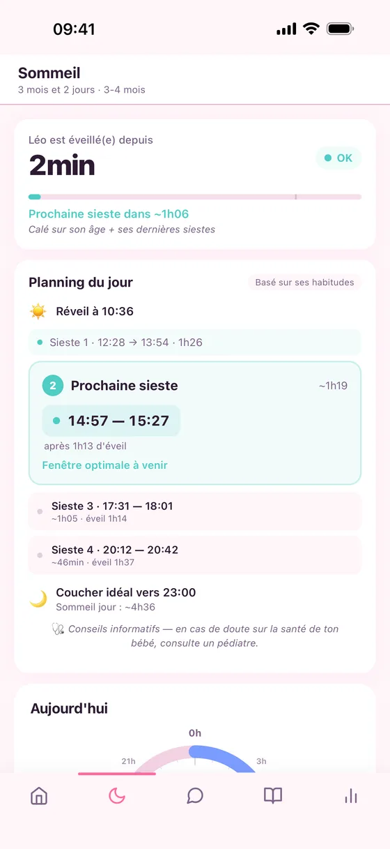 L'écran Sommeil de PetitNid : fenêtre estimée de 14h57 à 15h27, planning du jour et repères d'éveil.