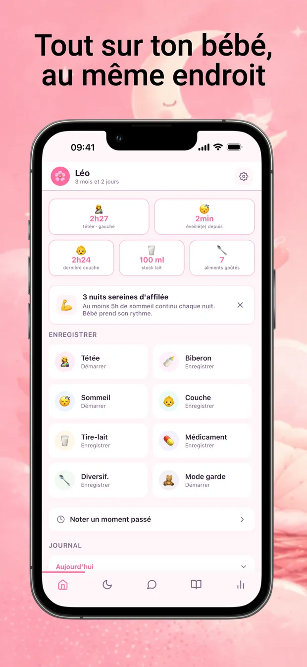 Écran d'accueil PetitNid : tout sur ton bébé au même endroit, tétées, sommeil, couches, stock de lait.