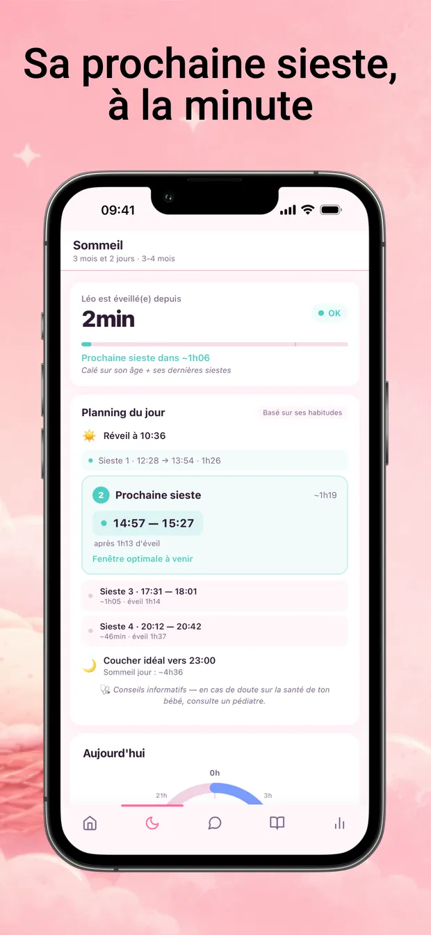 Planning du jour : fenêtre estimée pour la prochaine sieste et repères d'éveil.