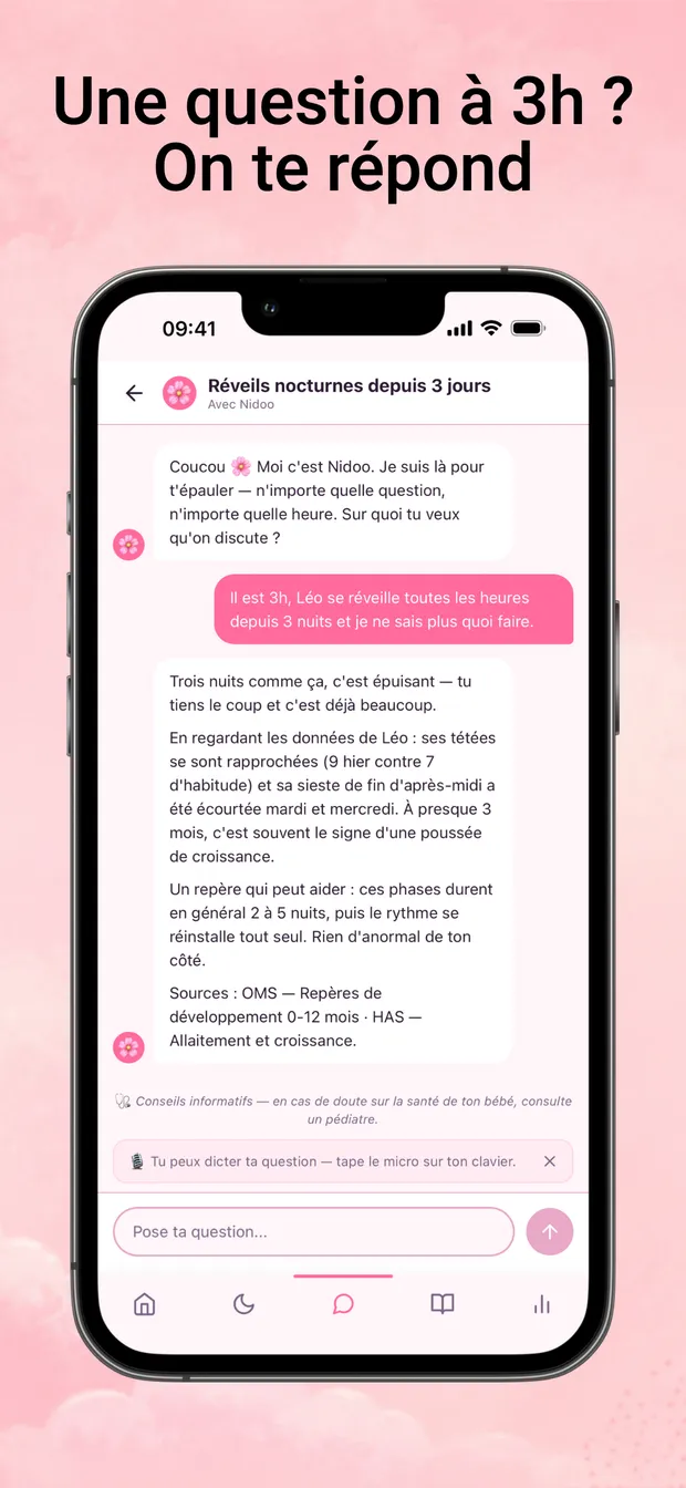 Chat avec Nidoo : une question à 3 h du matin, une réponse appuyée sur le journal de ton bébé.