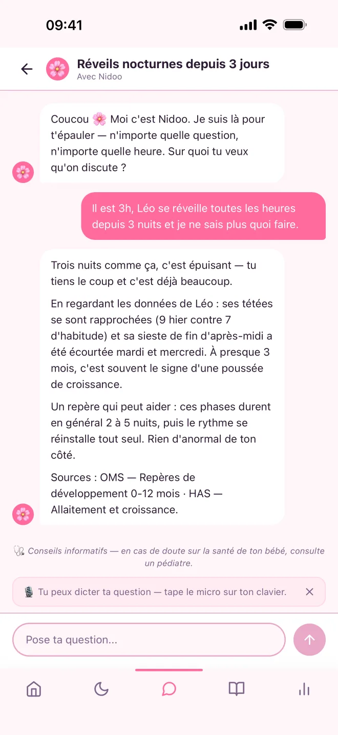 Conversation actuelle avec Nidoo à propos de réveils nocturnes, contextualisée par le journal.